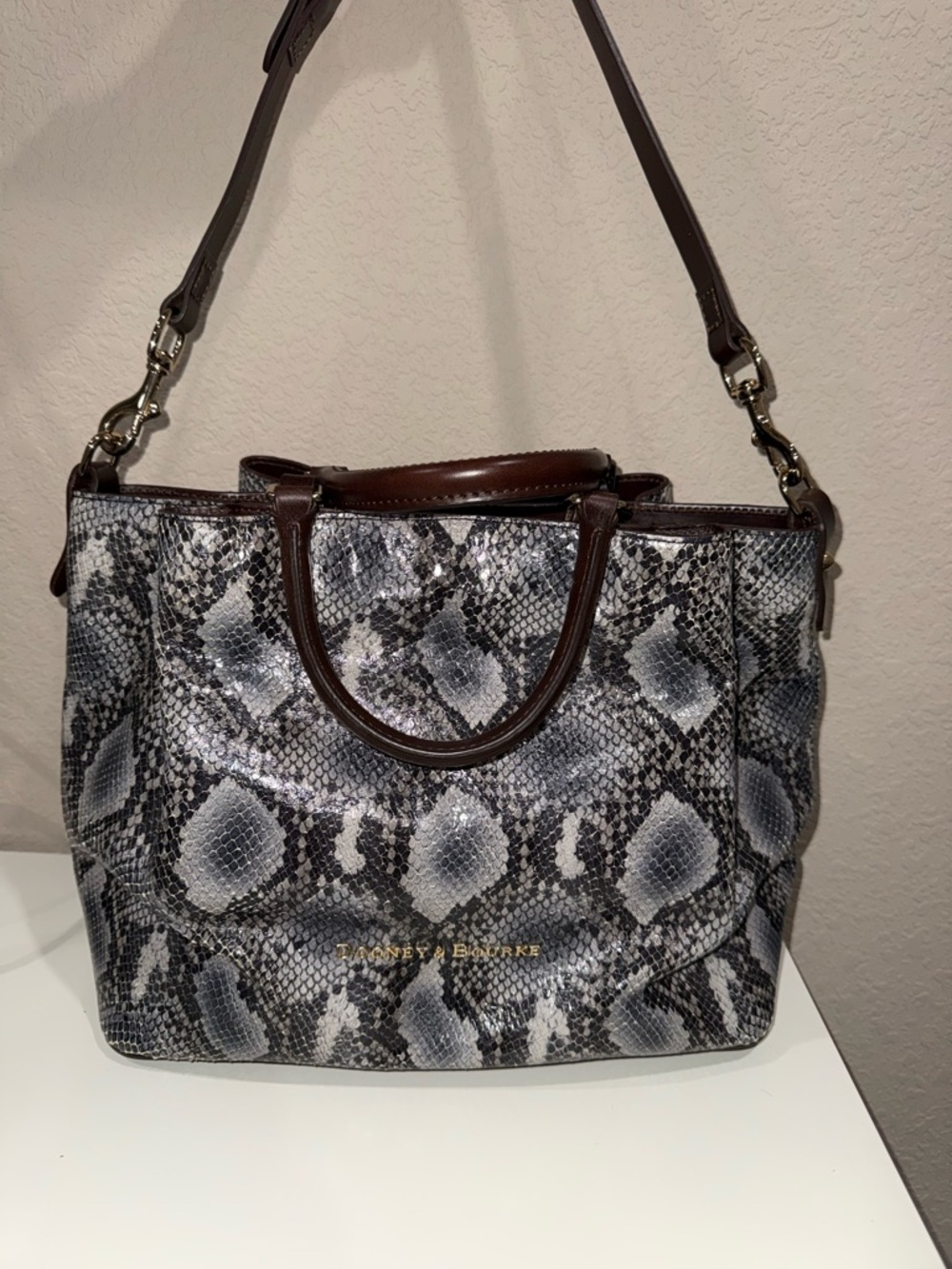 Dooney & Bourke Gray and Brown Snake-Print Large Barlow